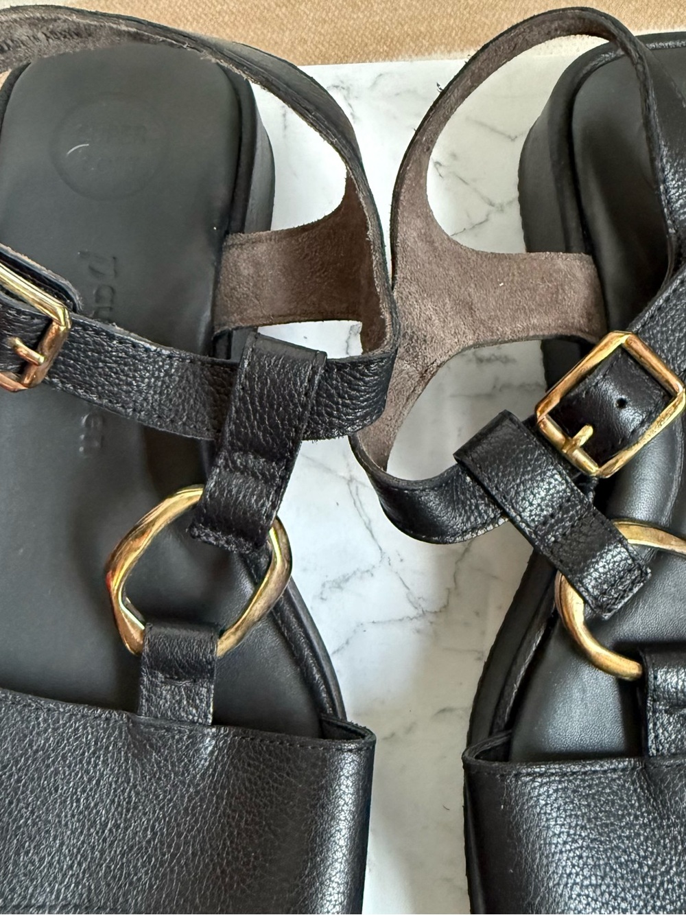 Paul Green Black Leather T-Strap Platform Sandals size 4.5/7 - Picture 5 of 11